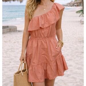 Free People Lovers Lane One Shoulder Ruffle Mini Dress w/ Pockets Coral Pink S